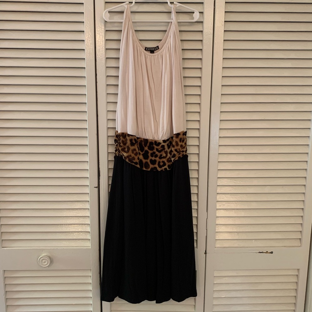 EXPRESS Cream Black Leopard Stretch Rayon A-Line Sleeveless Dress SM EXCELLENT